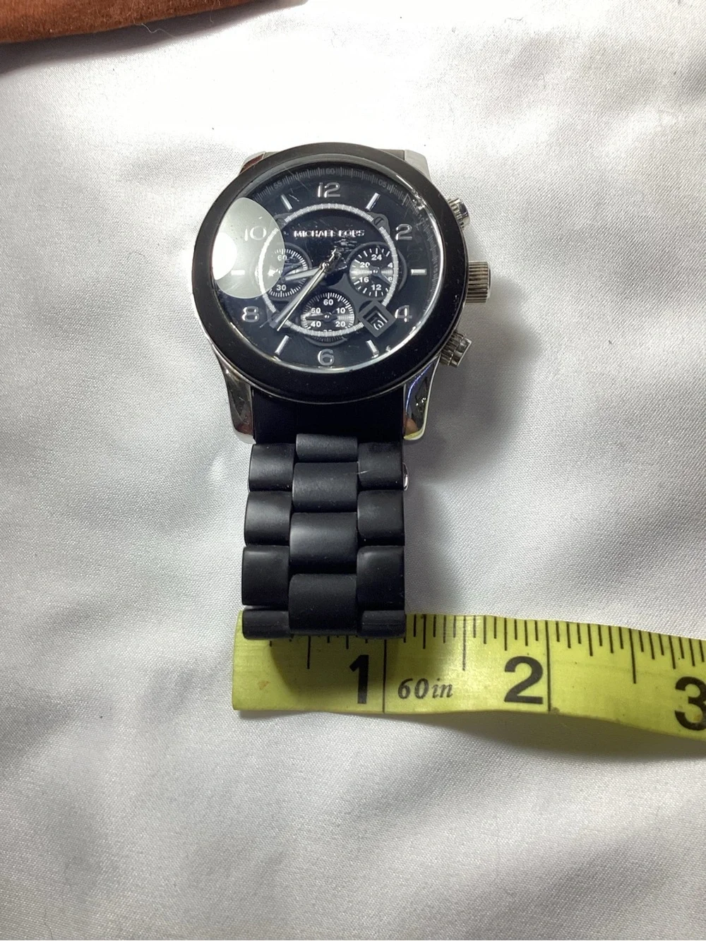 Michael Kors Black Silver Chronograph Silicone Watch New Batteries w/MK Dust Bag